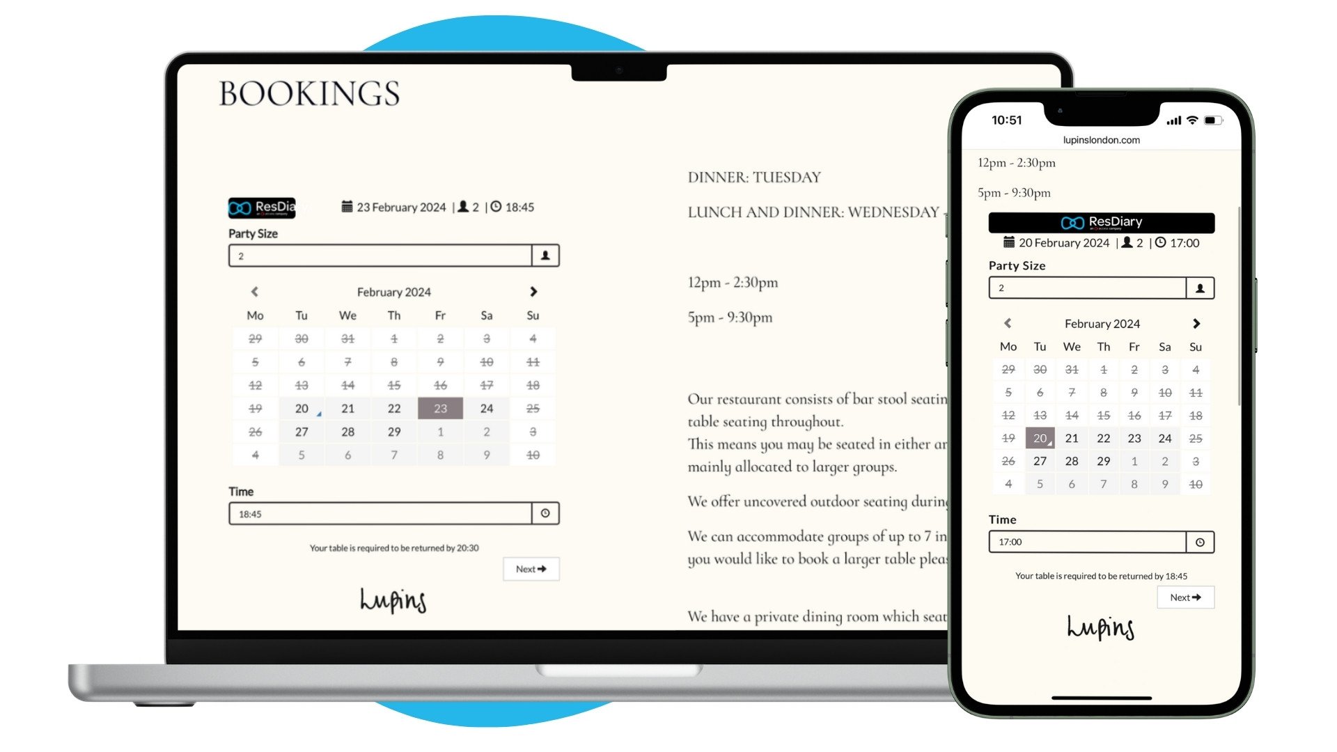 Lupins London Restaurant Booking Widget Example on Laptop and iPhone