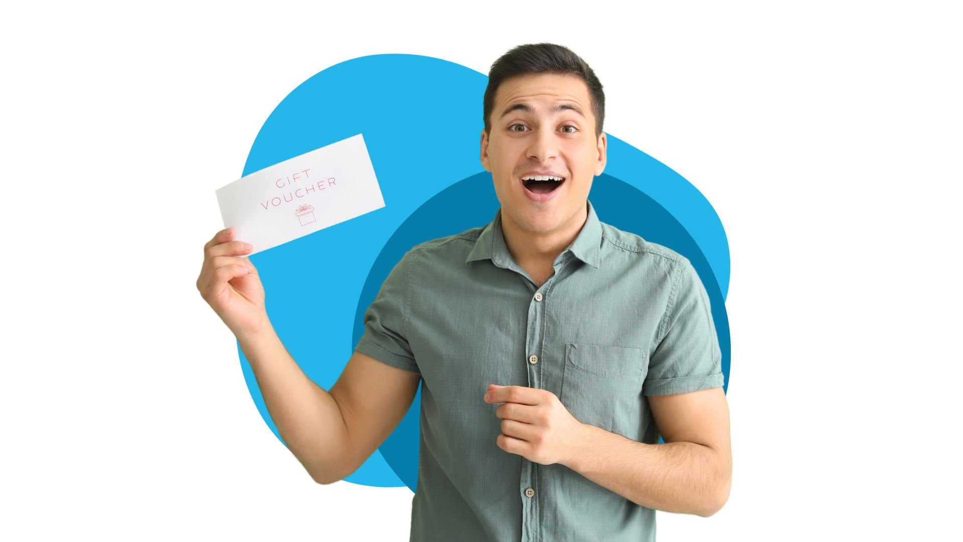 Photo of man holding up a gift voucher 