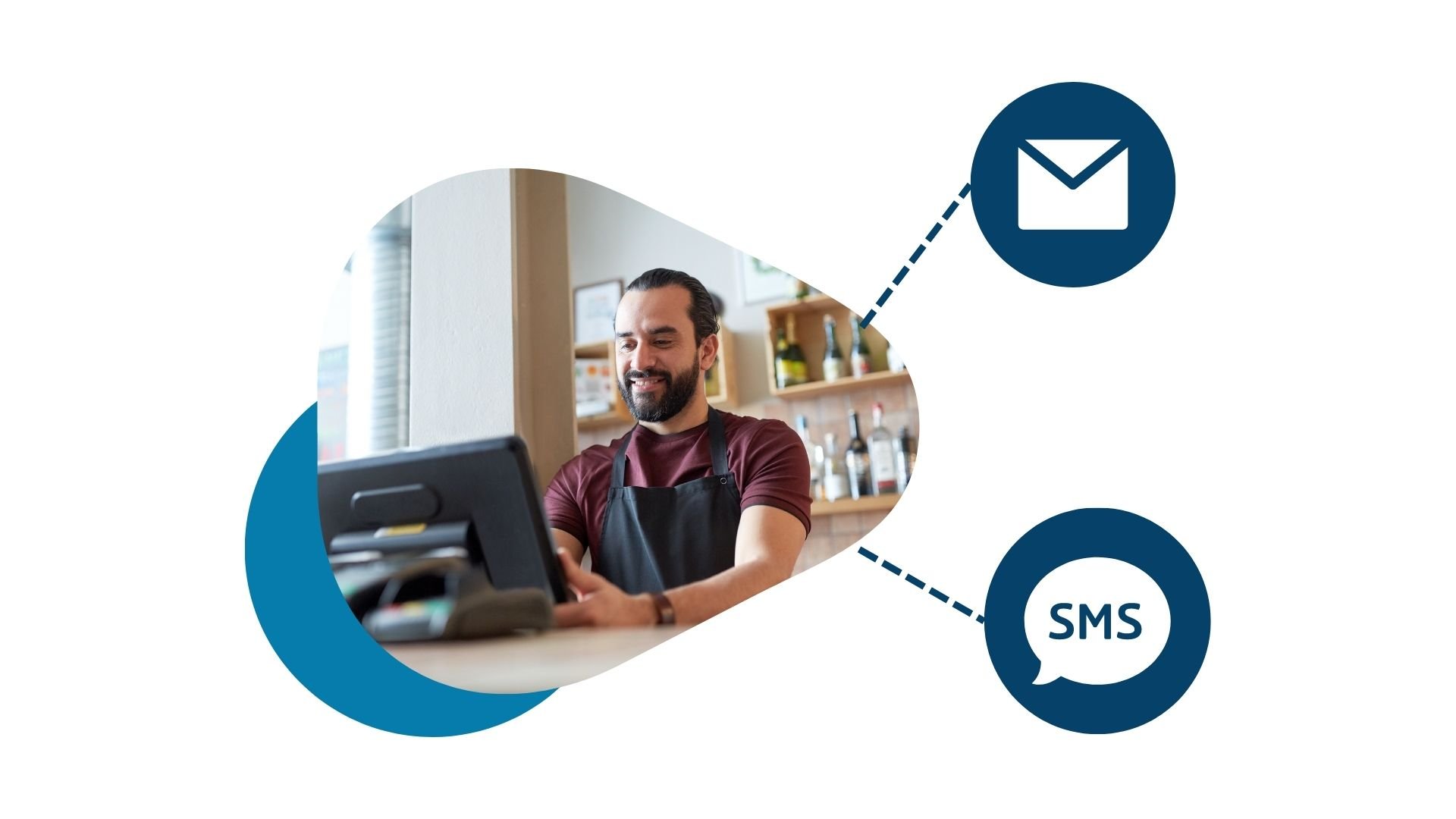 Infographic with man using laptop to send emails and sms message campaigns