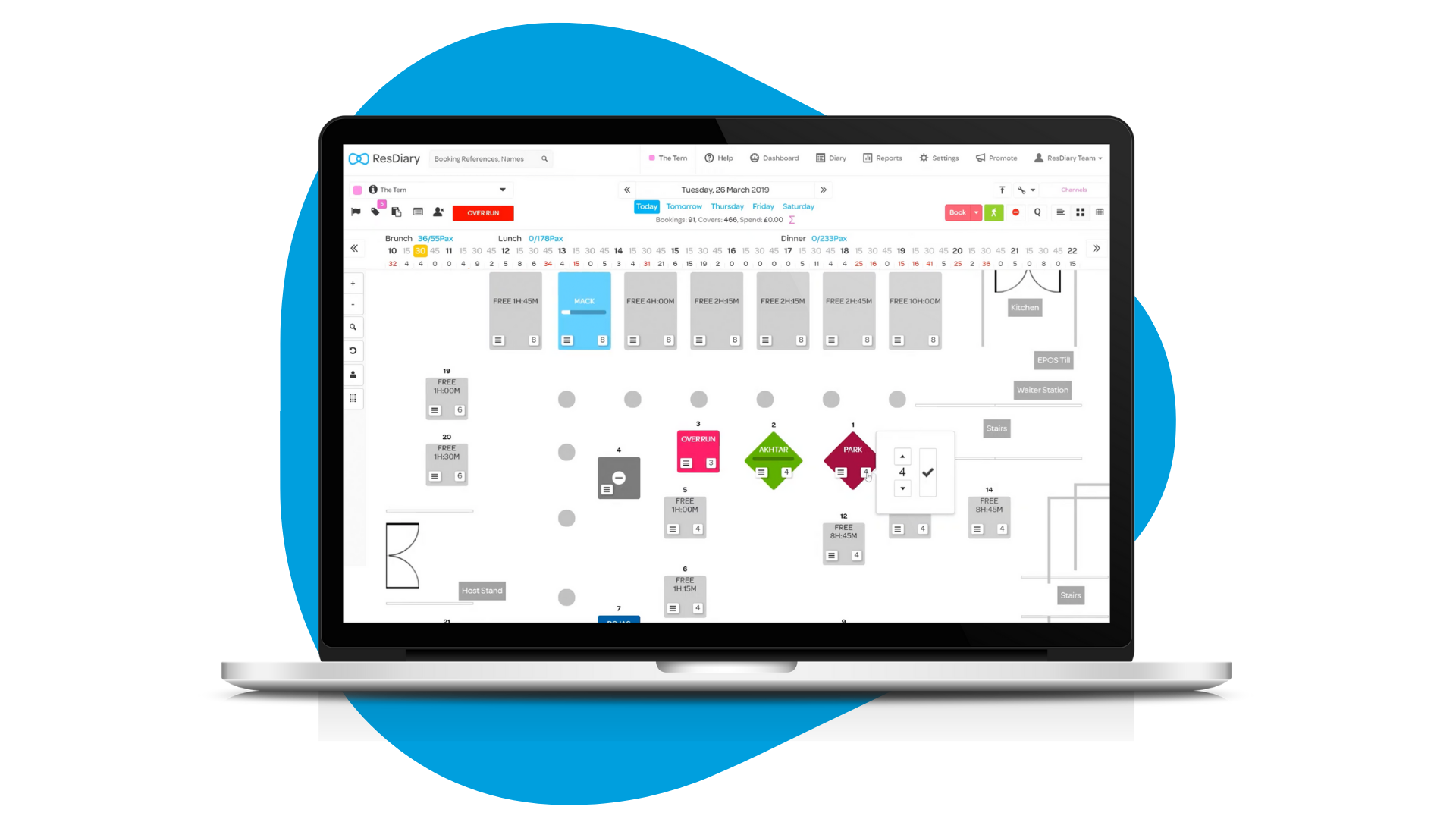 Restaurant Booking System Gridview on Laptop - ResDiary