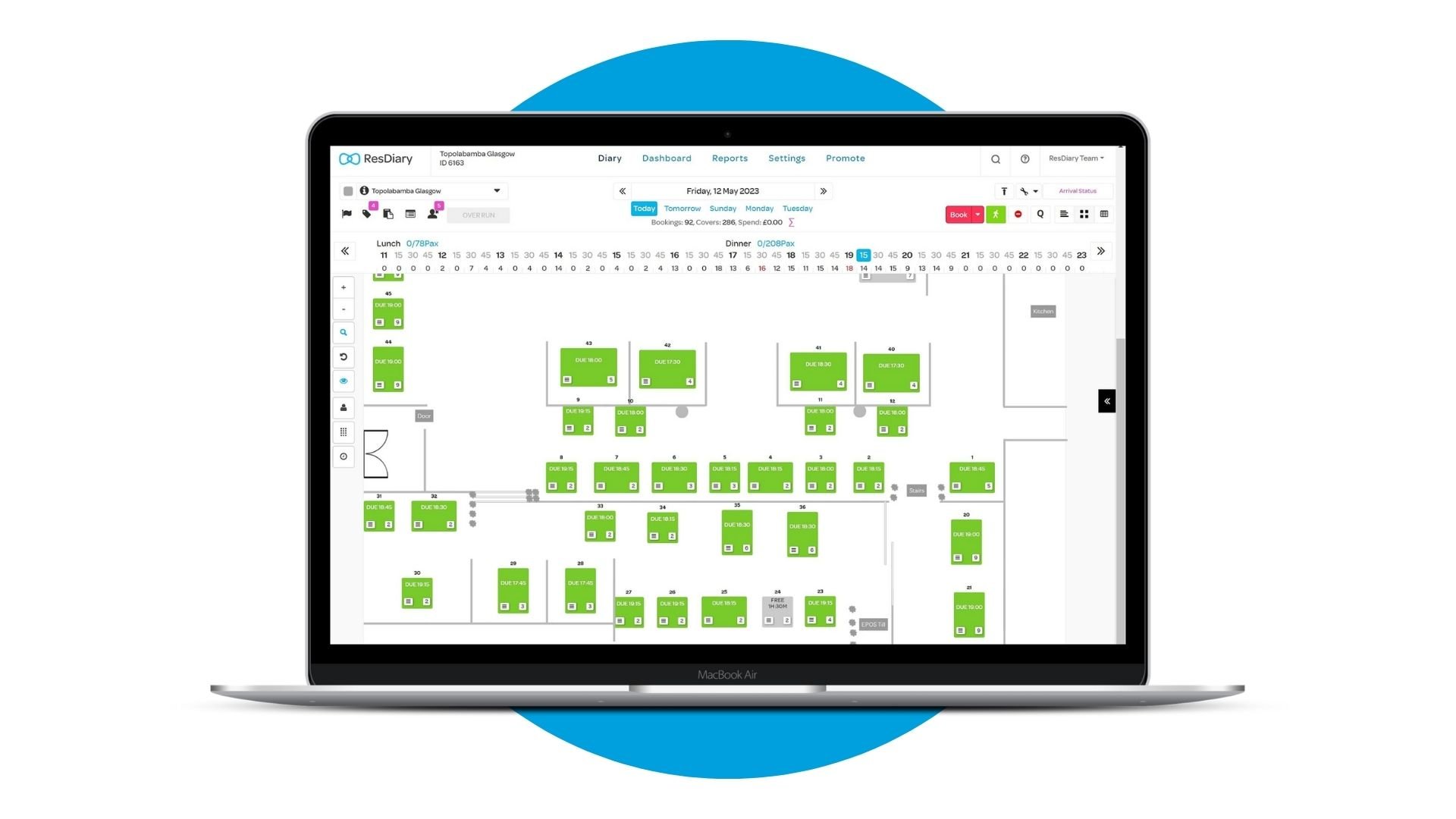 ResDiary's table planning tool on laptop screen