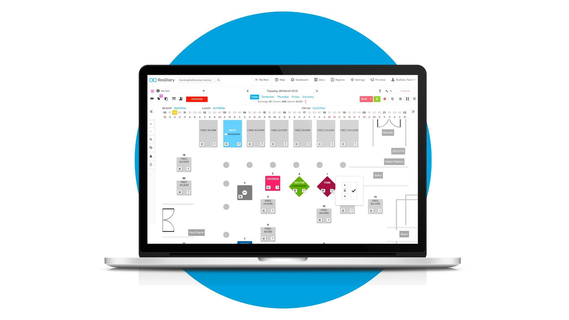 Mockup of ResDiary restaurant table management dashboard showing a working table plan with tools to edit