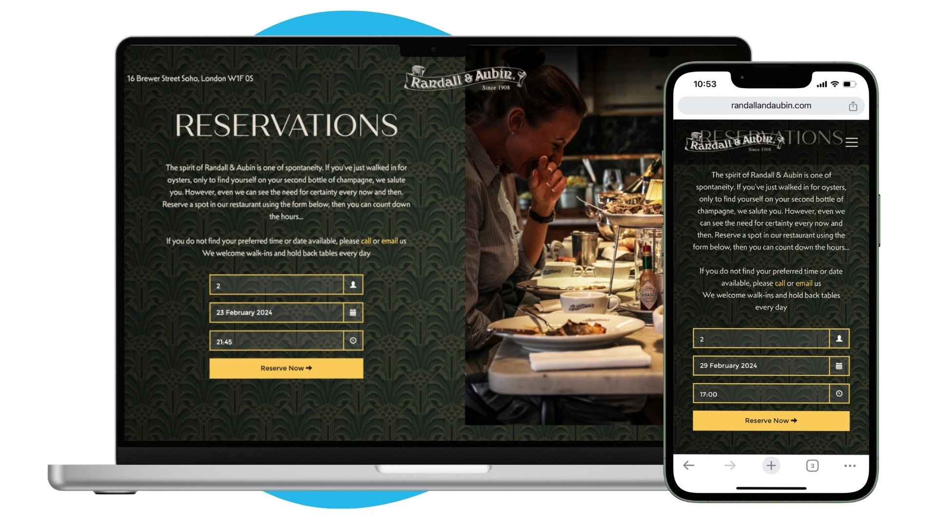 Randall and Aubin London Restaurant Booking Widget Example on Laptop and iPhone