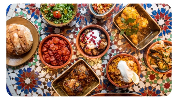 Overhead shot of table set up with Spanish tapas dishes in Cafe Andaluz