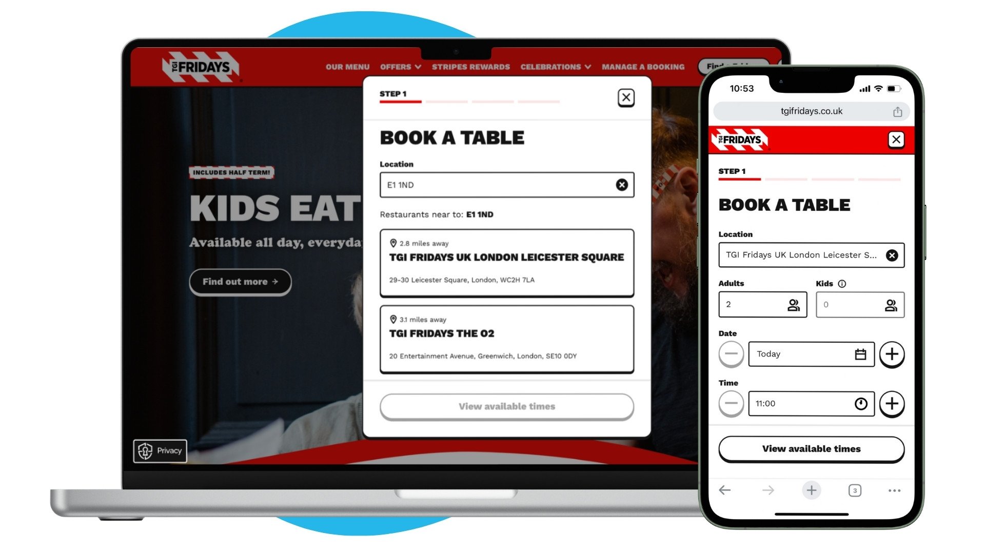 TGI Fridays Restaurant Booking Widget Example on Laptop and iPhone