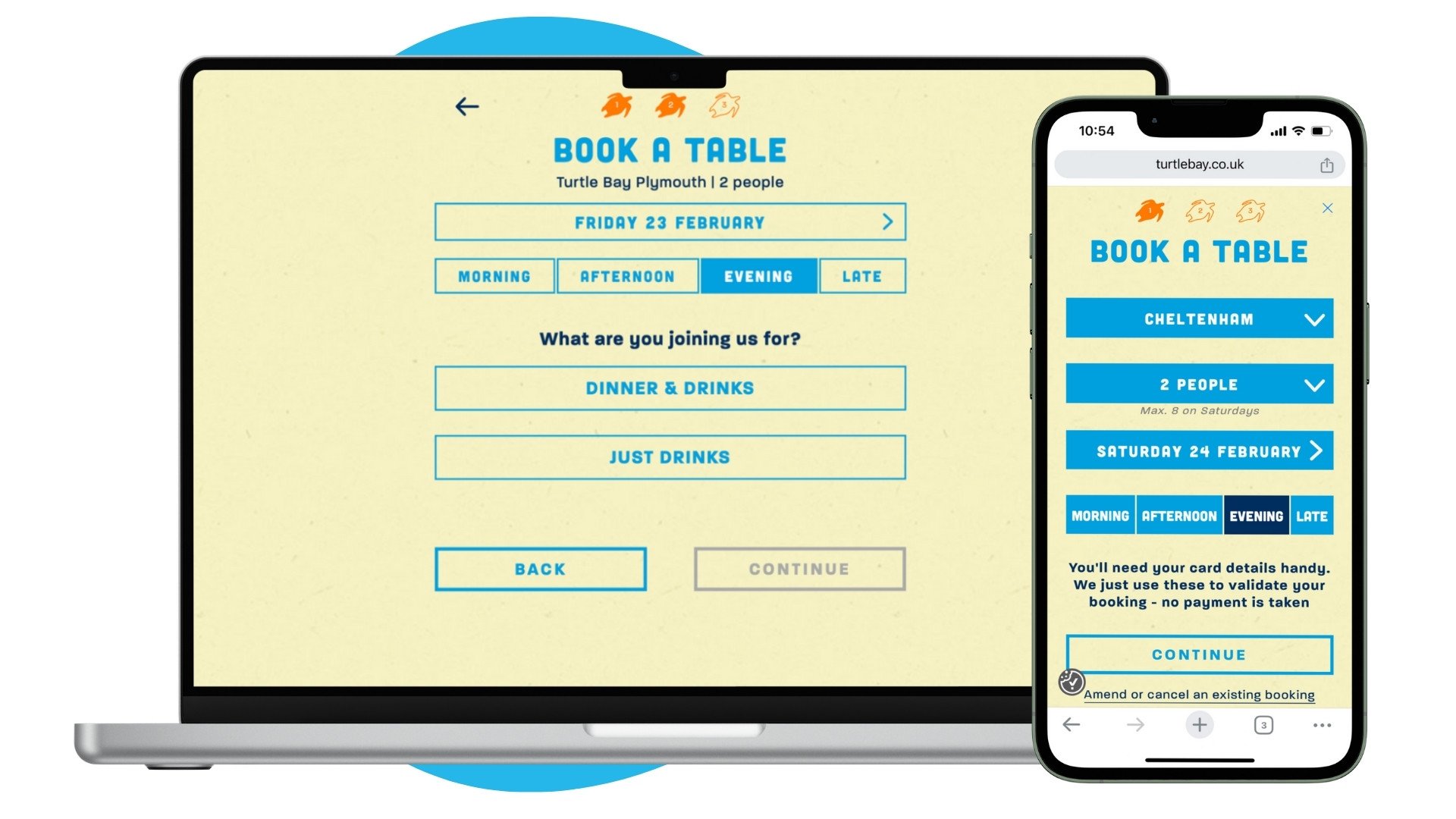 Turtle Bay Restaurant Booking Widget Example on Laptop and iPhone