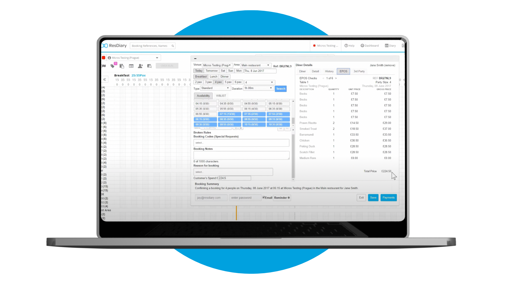 POS report integration with ResDiary on screen