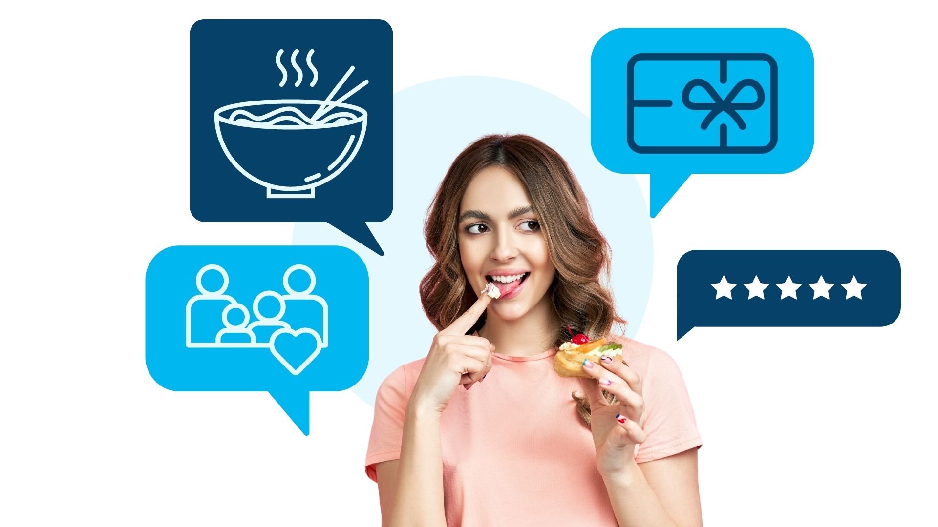 Photo of a woman with a slice of cake with illustrations related to dining