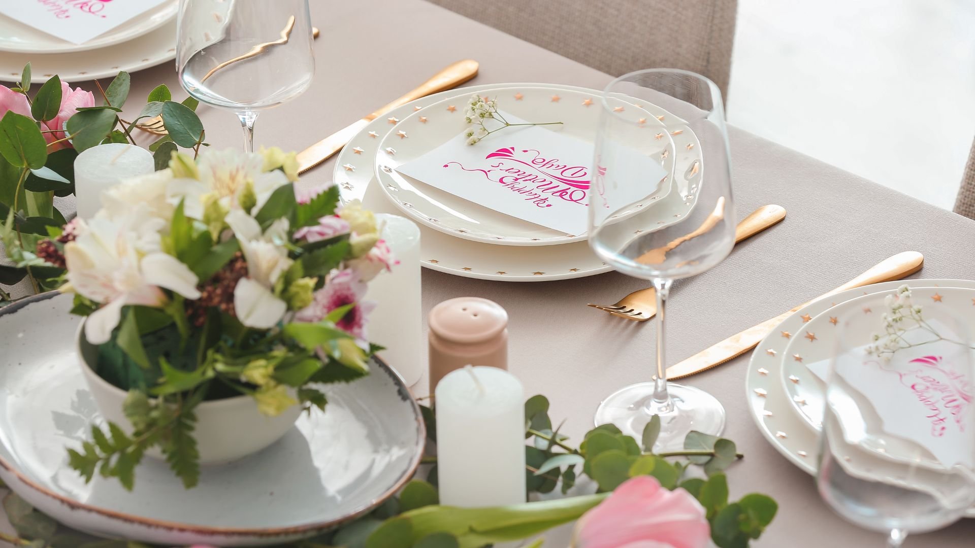 Photo of restaurant table dressed with flowers and decorations for Mothers Day