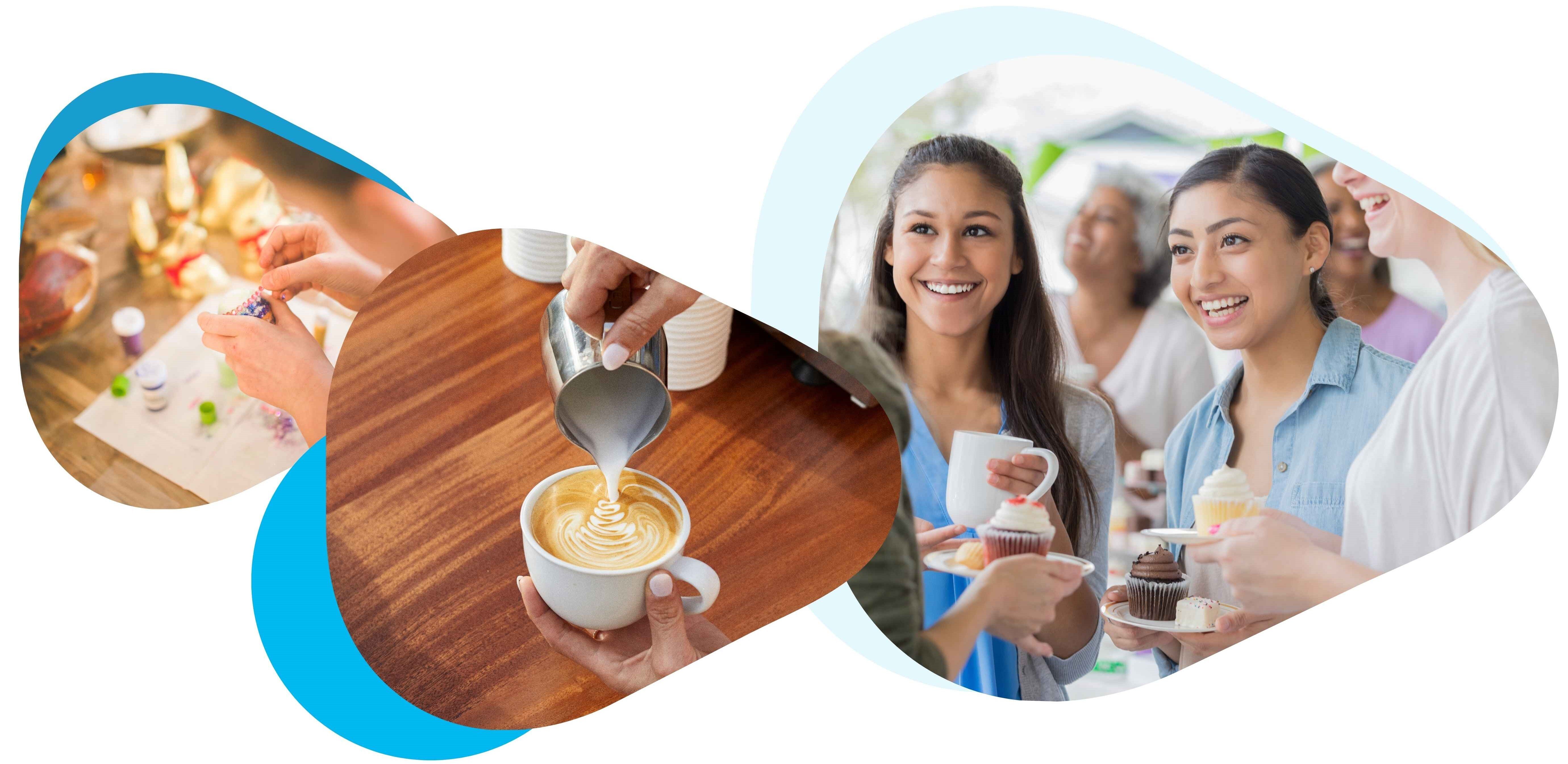 Collage of images - coffee being poured; hands doing crafts; women at a bake sale