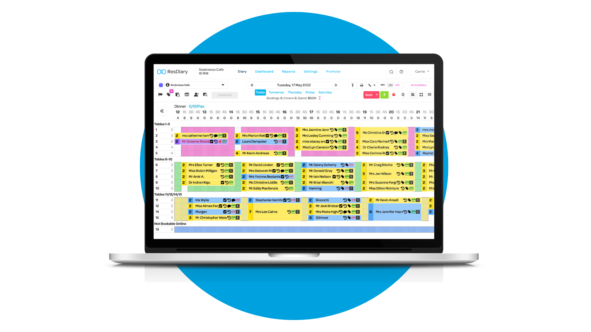 Restaurant booking and table management system on laptop