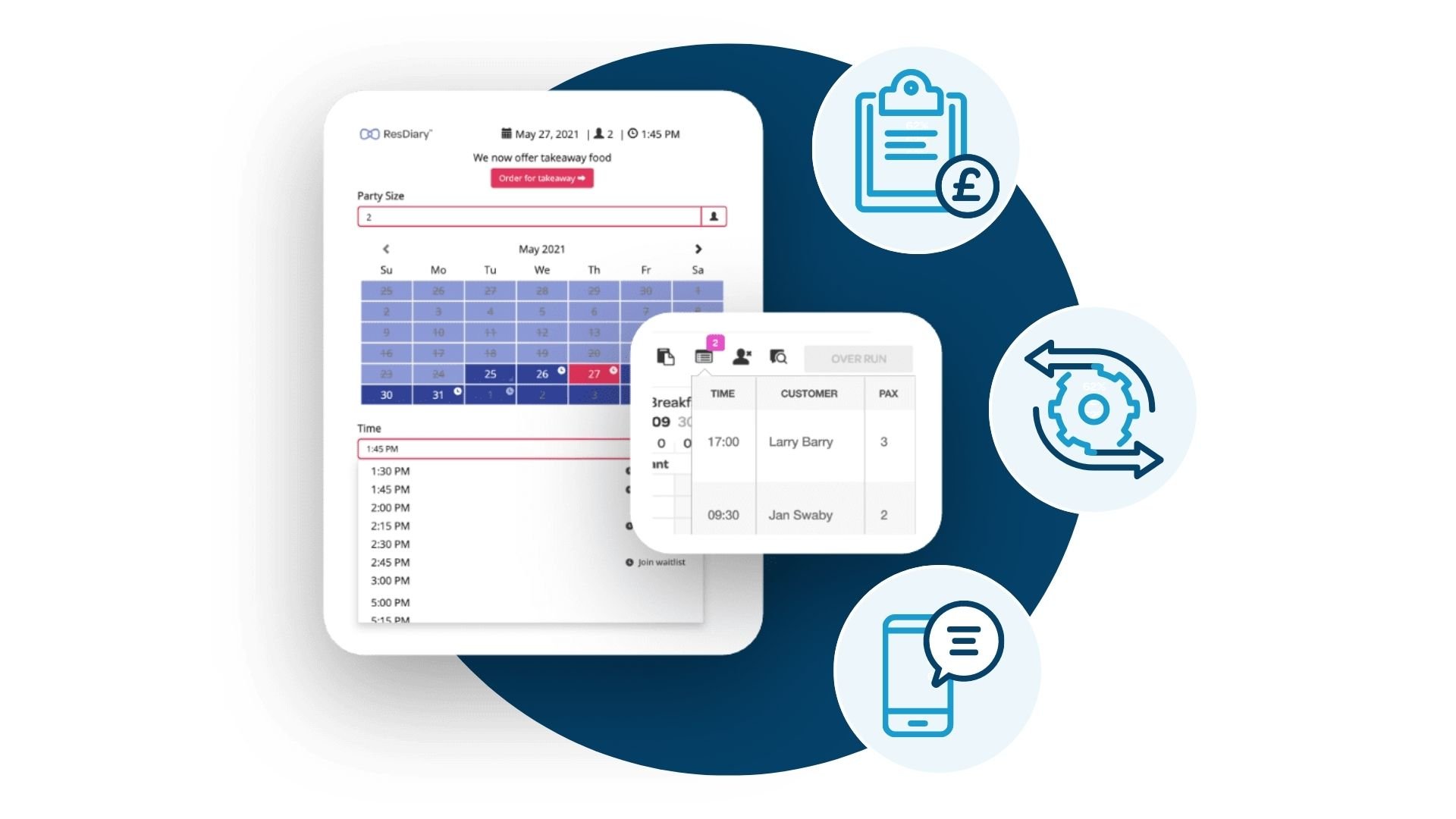 Screenshot of ResDiary restaurant booking system with illustrated graphics around integrated functionality